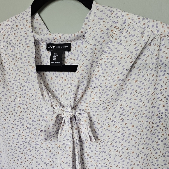 Jones New York White Confetti Print Blouse with Sailor Tie Neck Collar Large - Picture 3 of 8
